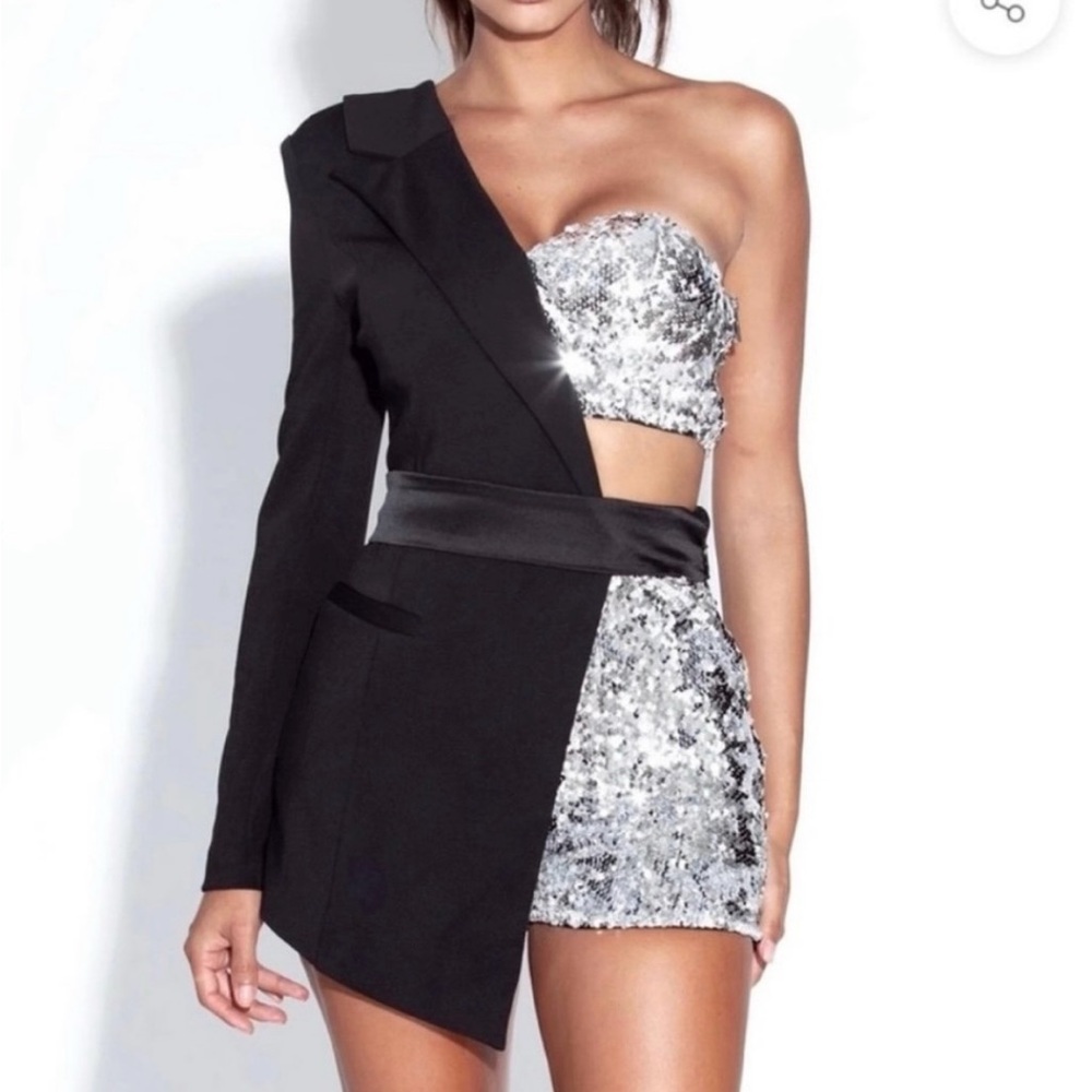 Half Black Blazer and Silver Sequin Party Romper Bella Barnett Extra Small NWT